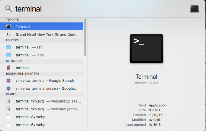 Screen shot of finding Terminal using Spotlight